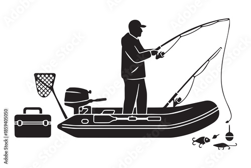 Silhouette of a fisherman in a small boat with fishing gear
