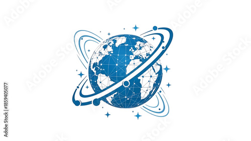A globe illustration, rendered in blue hues, with a network overlay. Two orbit rings surround it, and a constellation of stars embellishes the image