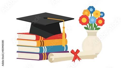 A graduation illustration featuring a mortarboard, books, diploma, and flowers in a vase, all set against a white background