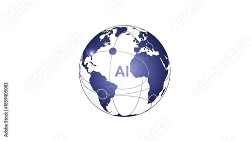 A globe illustration, with continents depicted in a blue gradient, interlinked with lines and circles. The letters AI are prominent