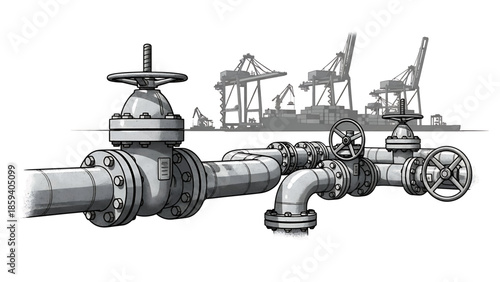 A grayscale illustration of industrial piping, valves, and a port scene with cranes in the background. The piping is detailed