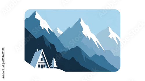 A geometric illustration of a mountain range with snowy peaks, a small cabin, and evergreen trees. The scene is in cool blue tones, suggesting cold weather