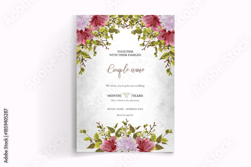 WEDDING INVITATION FRAME WITH FLOWER DECORATIONS AND FRESH LEAVES