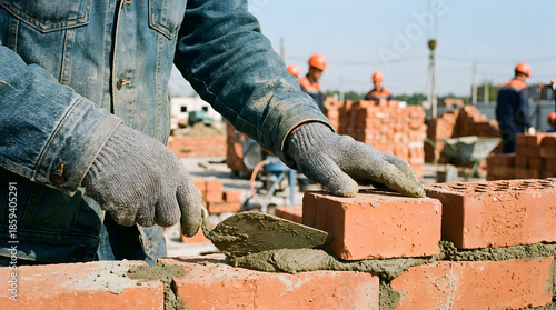  a construction worker in denim and gloves laying red bricks with mortar. Background shows more workers and a clear blue sky.