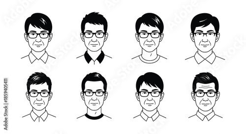 Eight different male face sketches with glasses in a black and white style