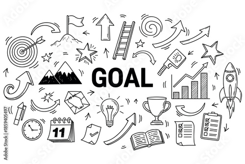 Goal achievement concept with doodle icons of success and motivation