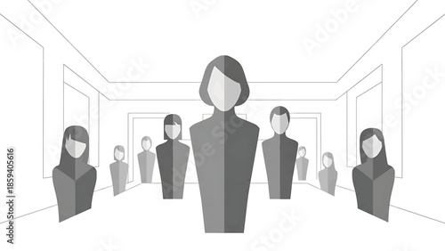A grayscale illustration of stylized figures in an interior space, arranged in front of rectangular frames, possibly a meeting