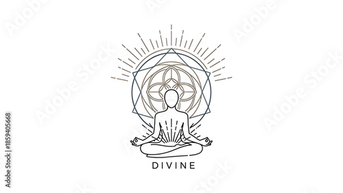 A geometric illustration of a person meditating. A sacred geometry design of intersecting shapes frames the person, and beams radiate outward