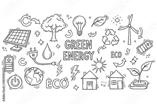 Hand-drawn green energy icons featuring solar panels, wind turbine, eco symbols, and recycling