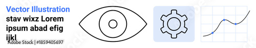 Eye symbol, gear for settings, and line graph on a grid. Ideal for analytics, technology, strategy, research, data visualization, optimization simple landing page