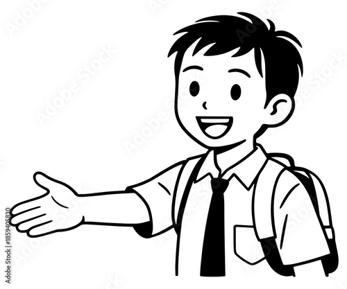 Simple line art vector of smiling elementary school student in uniform making welcoming hand gesture. Perfect for educational materials, school enrollment content, and student admission graphics.