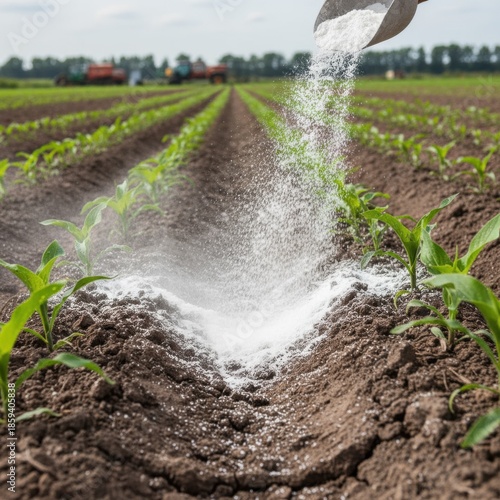 Medium shot of finely ground lime powder being applied to acidic soil in a cultivated field demonstrating soil pH adjustment for optimal nutrient availability.