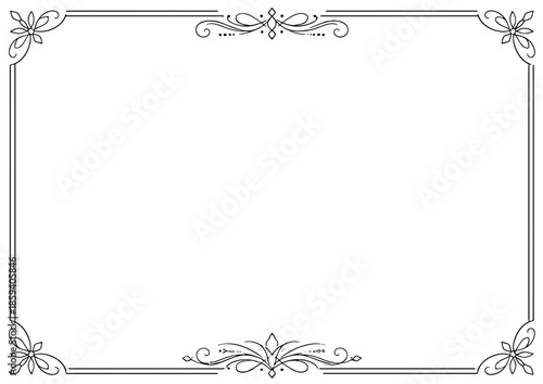 Elegant minimalist certificate border with decorative corner flourishes. Clean line art frame perfect for diplomas, awards, certificates. Vector format for professional use.