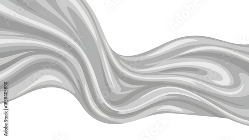 A flowing, abstract design composed of layered, undulating shapes in varying shades of gray, creating a sense of movement and depth. The background is white