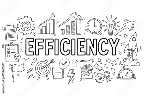 Efficiency concept with graphs and icons illustrating productivity and growth