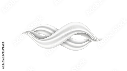 A flowing, abstract form of intertwining, cloth-like shapes in varying shades of white and gray, set against a pristine white background