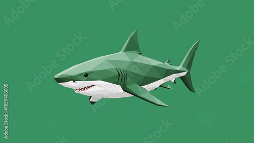A geometric illustration of a shark rendered in shades of green and white. It has sharp angles and a detailed mouth. It is against a green backdrop