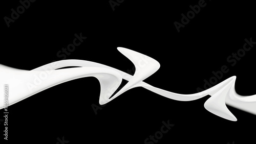 A flowing, abstract white ribbon gracefully curves across a black backdrop, creating a dynamic and elegant composition. It has subtle gradients