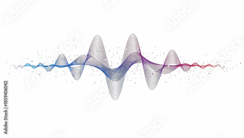 A flowing, abstract waveform with varying shades from blue to red is centered on a white background, with small scattered circles