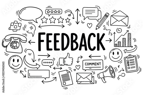 Feedback concept with icons and symbols for communication and evaluation