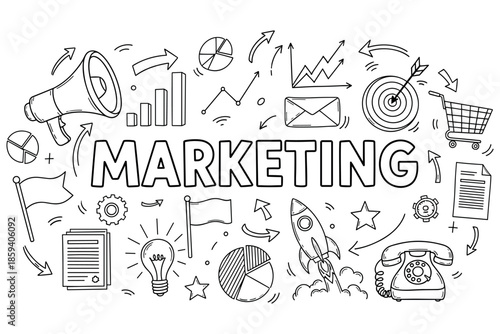 Hand-drawn marketing icons with megaphone, rocket, and graph elements