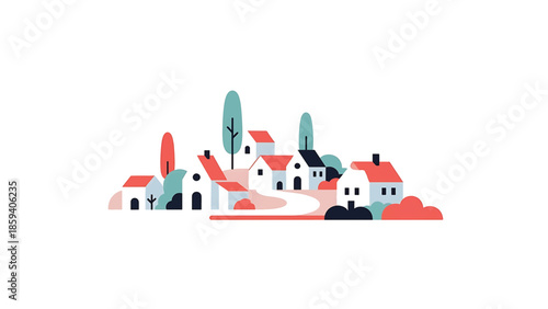 A geometric illustration of a small town with houses, trees, and other natural elements in simple color blocks