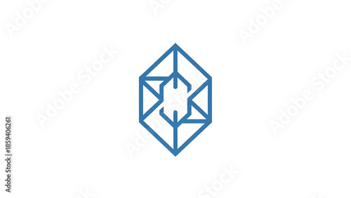 A geometric illustration of a symmetrical design. Featuring a blue, stylized shape with interconnected lines arranged on a white background. This design is clean and balanced