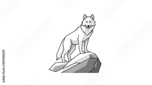A geometric illustration of a wolf on a rock, in monochrome, focused on the animal's stare. It stands firm and is surrounded by white space