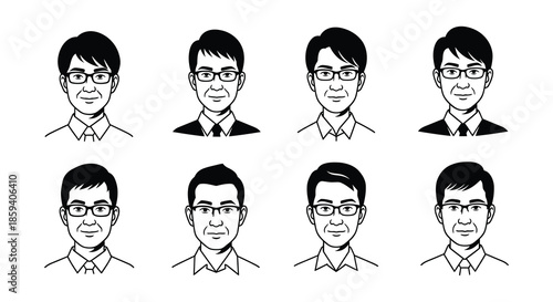 Eight different male face sketches with glasses in a black and white style