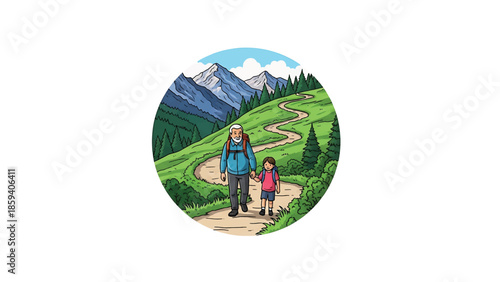 A grandfather and grandchild stroll along a winding path in a mountainous landscape with vibrant green grass and trees