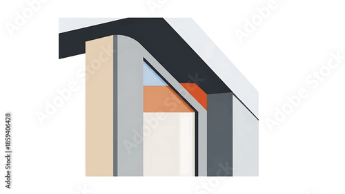 A geometric illustration of architectural forms with a muted color palette. It features intersecting planes and shapes, depicting structure and space