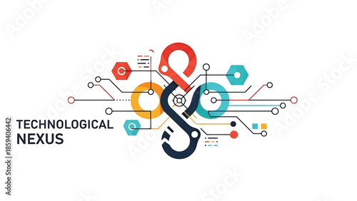 A geometric illustration of interconnected circuitry with diverse shapes, colors, and nodes on a white background. The words "Technological Nexus" are visible