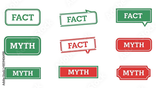 A graphic arrangement of rectangular and stylized badges, with the words "Fact" and "Myth" in a variety of designs and colors. The background is white