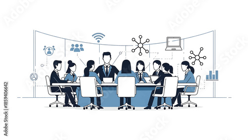 A group of business professionals in suits and dresses sit around a table for a meeting. Blue line art depicts data and a network