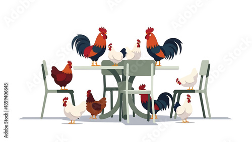 A group of cartoon-style chickens and roosters are gathered around a table with chairs. The illustration uses bright, solid colors