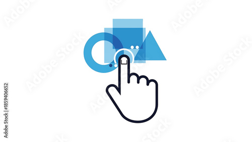 A hand pointing at a group of connected geometric shapes a circle, square, and triangle. Design is minimalistic, modern, and in shades of blue. White background