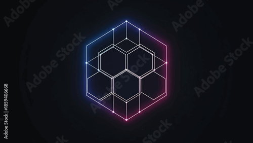 A geometric illustration of interconnected hexagons and lines glows with blue and pink hues against a dark, textured background