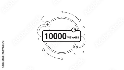 A graphic featuring a black-and-white design of a rounded rectangle with the number "10000 viewers" inside, surrounded by circles and lines