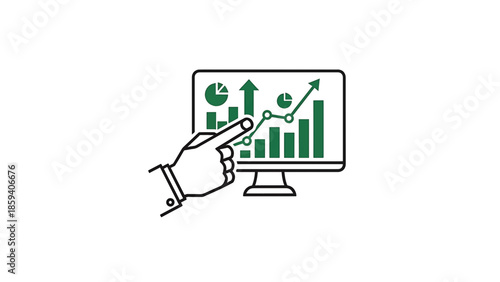 A hand points to a computer screen with green charts, bars, arrows, and graphs, illustrating business data, with a white background