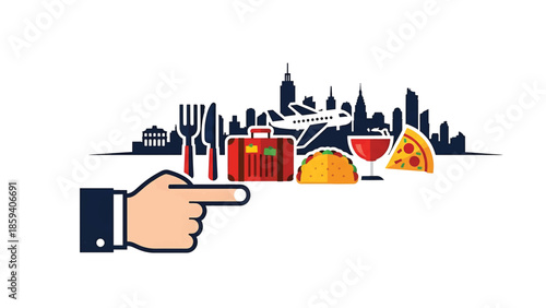 A hand points to travel-themed icons skyline, plane, suitcase, food, drink, and utensils, against a white background, suggesting adventure