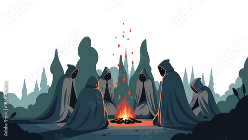 A group of cloaked figures surrounds a bonfire in a forest. Fire emanates upward, with muted colors and a textured style