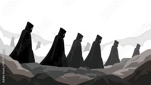 A group of cloaked figures with hidden faces are walking along a rocky path. In the background, there are cloudy shapes, all rendered in shades of grey