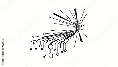 A geometric illustration of interconnected lines emanating from a central point, forming abstract digital connections
