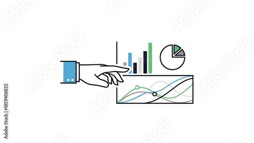 A hand points toward a series of financial charts and graphs in varying styles. The illustration uses a modern color palette