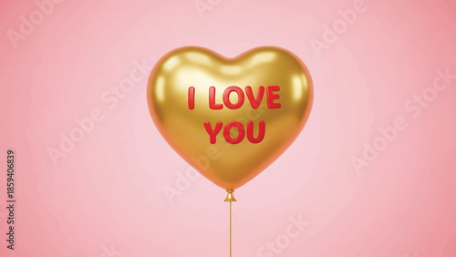 A gold heart-shaped balloon with the words "I LOVE YOU" in red text floats on a pink background, perfect for a romantic design