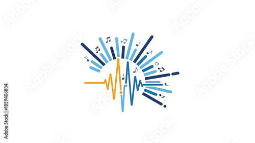 A graphic featuring a sound wave design with musical notes and radiating lines in blue, yellow, and navy colors. It is set against a white background