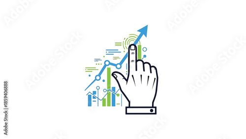 A hand points up towards a rising arrow, visually highlighting business growth and analytical data charts against a white background