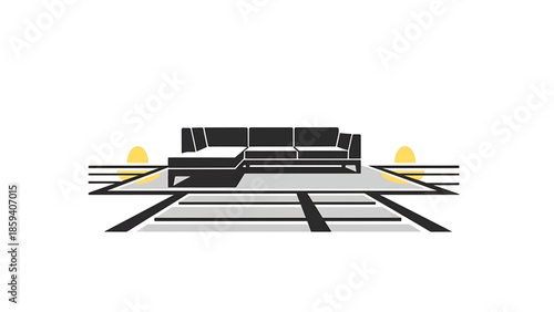 A geometric illustration presents a black and white sectional sofa atop a gray platform, with perspective lines. Two yellow spheres appear