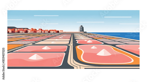 A geometric illustration presents a coastal scene featuring salt ponds, a village, a sea, and a watchtower beneath a partly cloudy sky