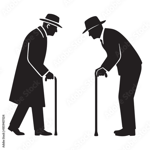 Two elderly men with canes facing each other in a black and white silhouette